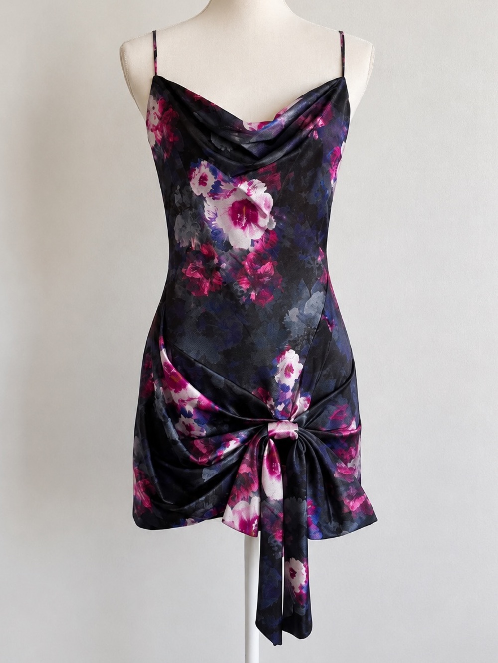 ML Monique Lhuillier Floral Satin Cowl Neck Mini Dress Black Pink Size 4 NWOT